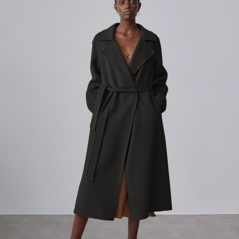 Silk Maison Earth-Tone Belted Wool Coat - Black